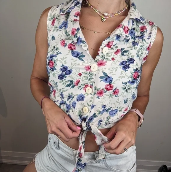 Vintage 90s Button Down Tie Front Cropped Blouse Top small - Picture 4 of 7